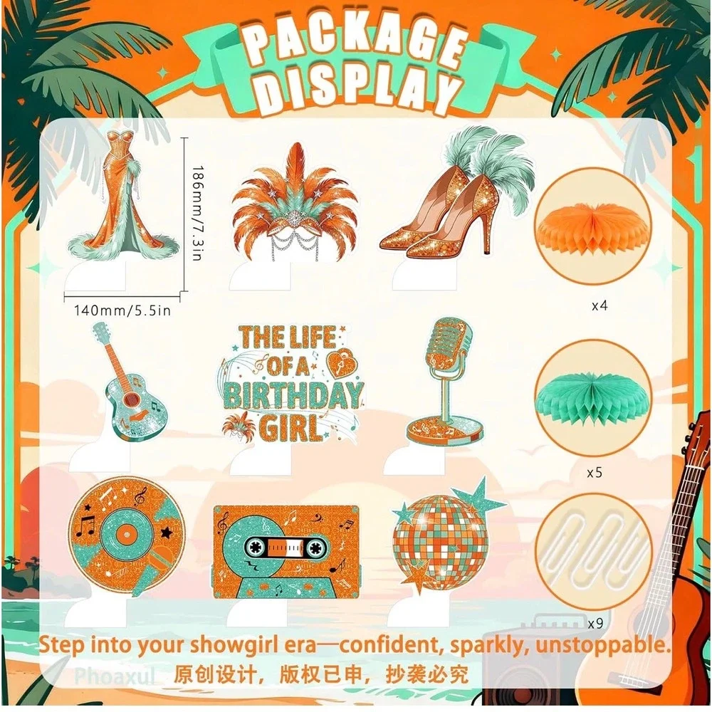 NWT Showgirl Era Birthday Party Centerpieces 9pc Orange Mint Glitter Table Decor